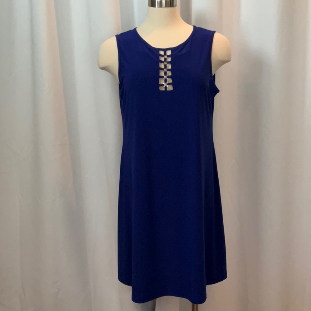 NWT Ronni Nicole Cobalt Sleeveless Pullover Dress Gold Tone Detail Women Sz L